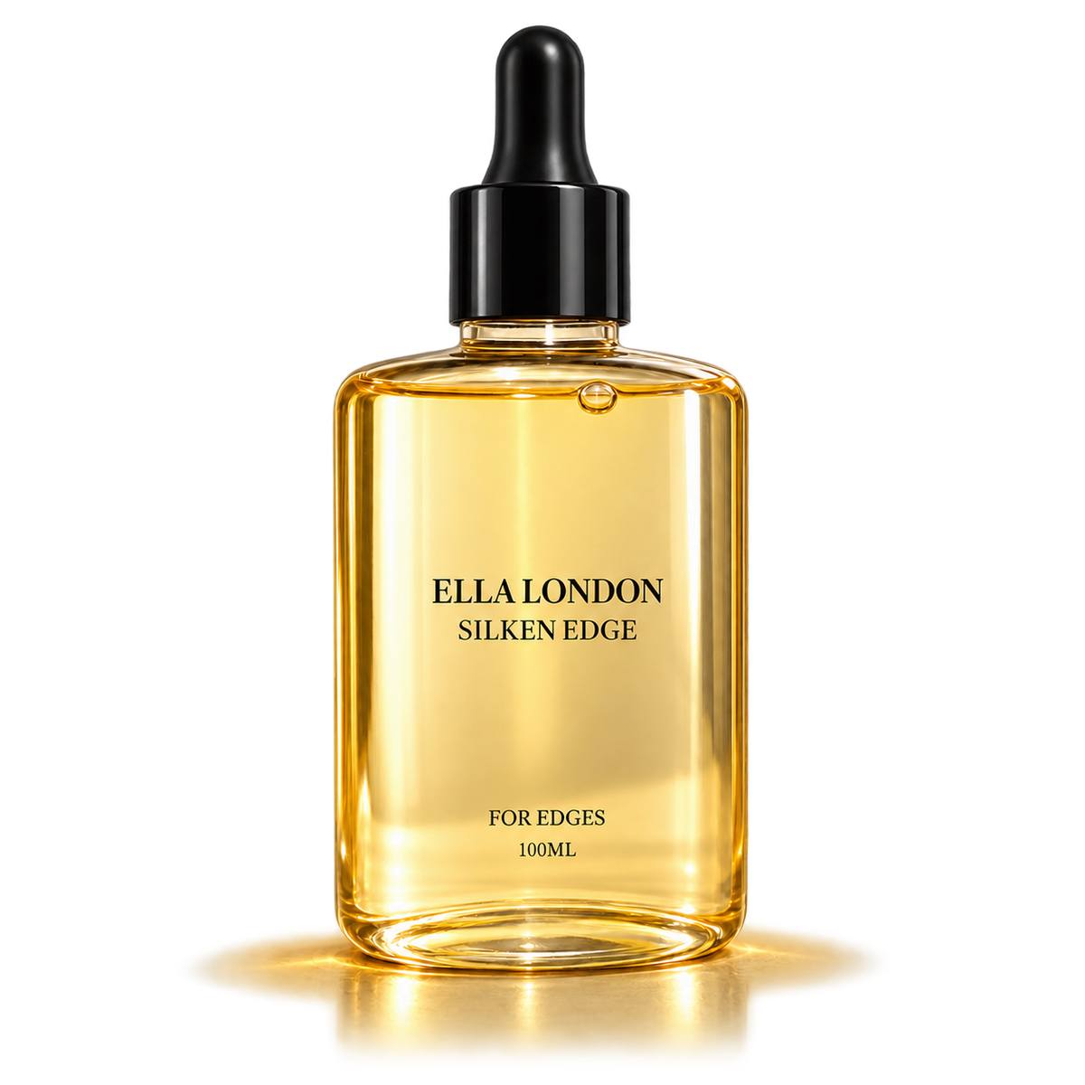 A 100ml bottle of Ella London Silken Edge serum, filled with golden-yellow liquid, featuring a black dropper cap and gold lettering on a clean white background.