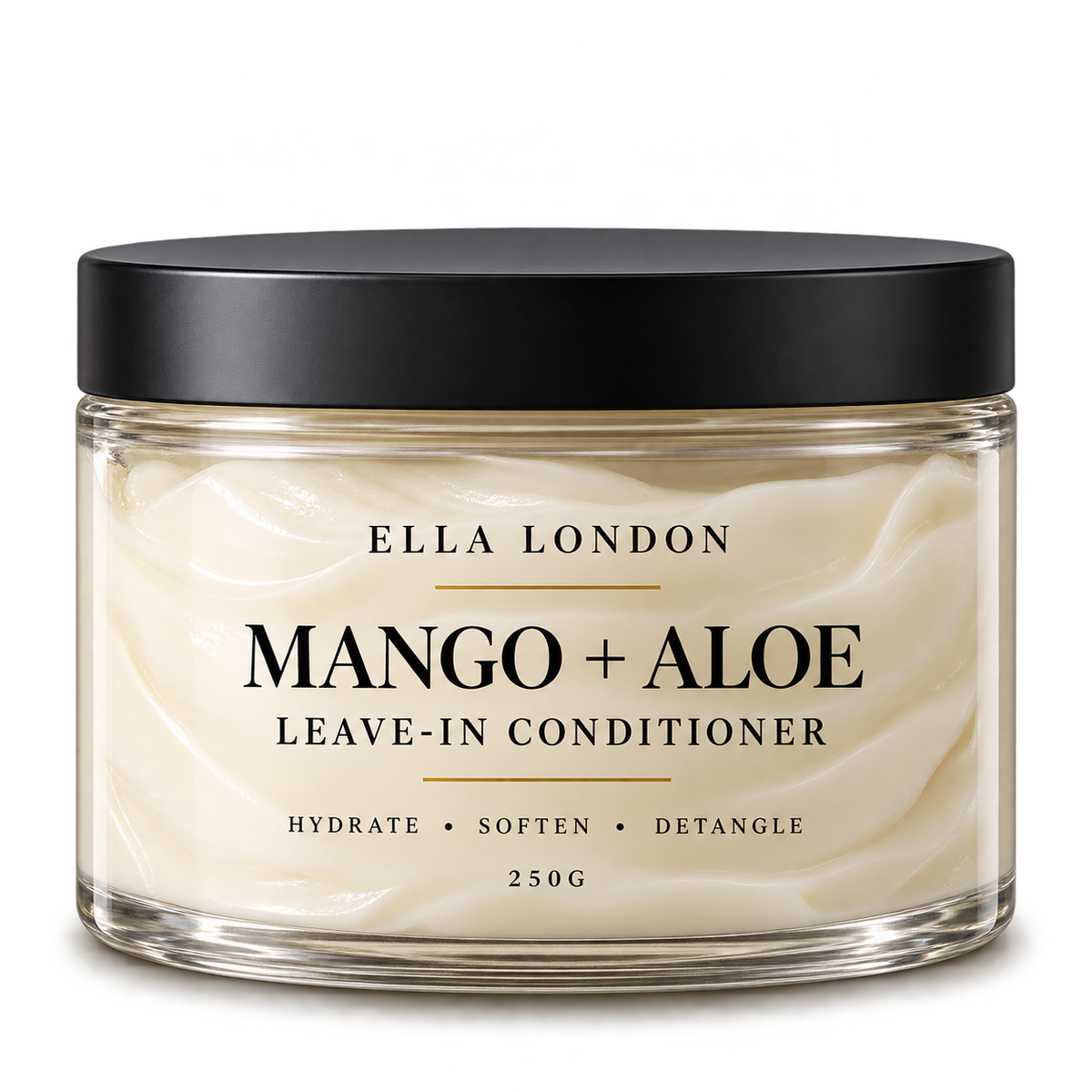 A clear glass jar of Ella London Mango + Aloe Leave-In Conditioner with a black lid, showing the creamy off-white conditioner inside, on a white background.