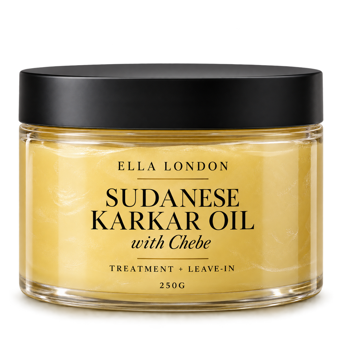 A jar of Ella London Sudanese Karkar Oil with Chebe treatment and leave-in hair mask. The product is in a clear jar showing the pale yellow oil inside, topped with a black lid, on a white background.